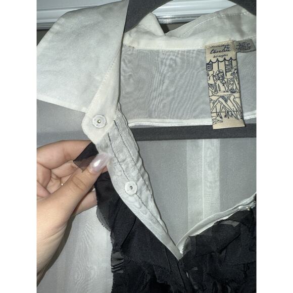 Twelve By Twelve Ruffle Button Top Large White Black Sheer Romantic Blouse Vamp - Picture 4 of 5